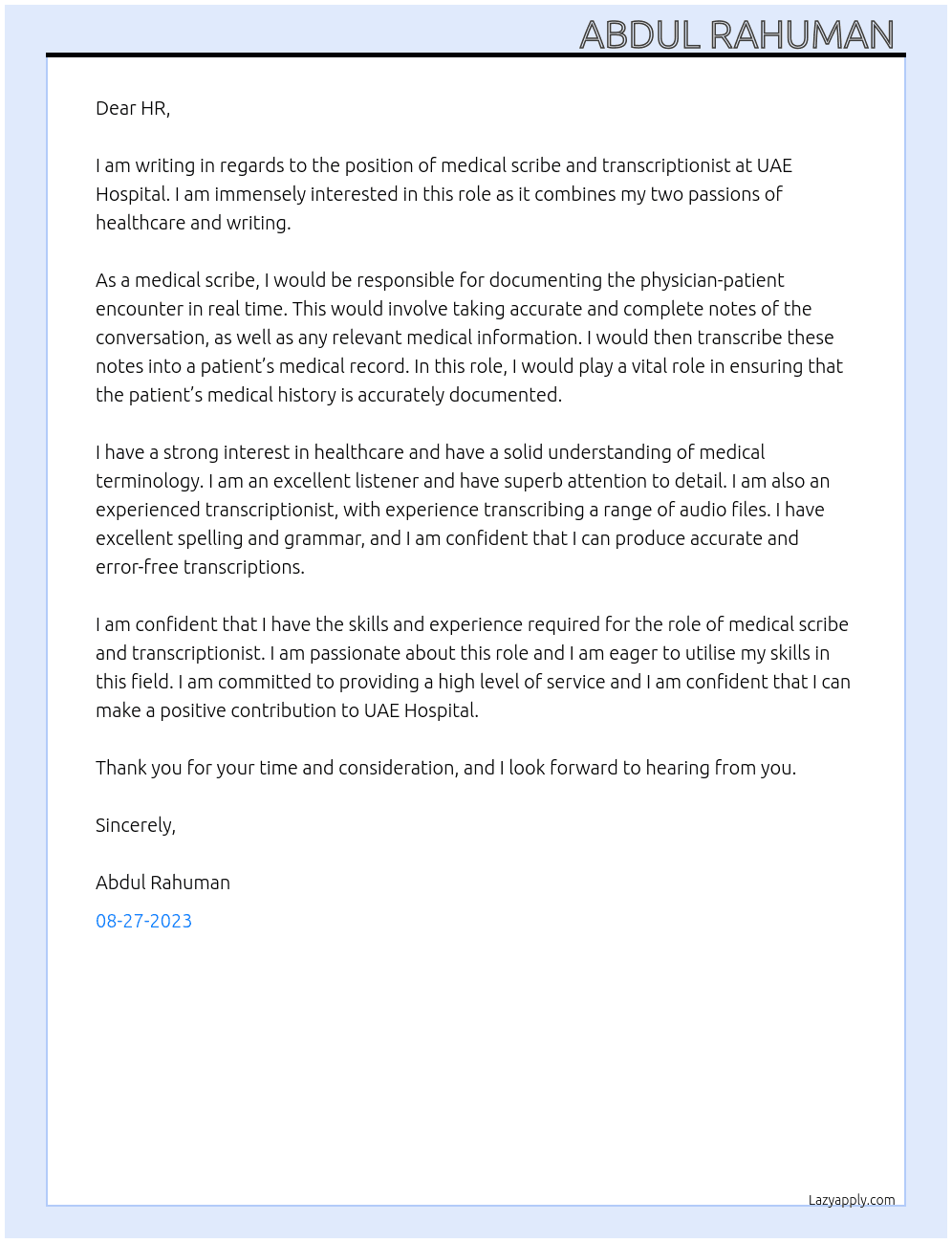 Medical scribe and transcriptionist  At UAE HOSPITAL  Cover Letter