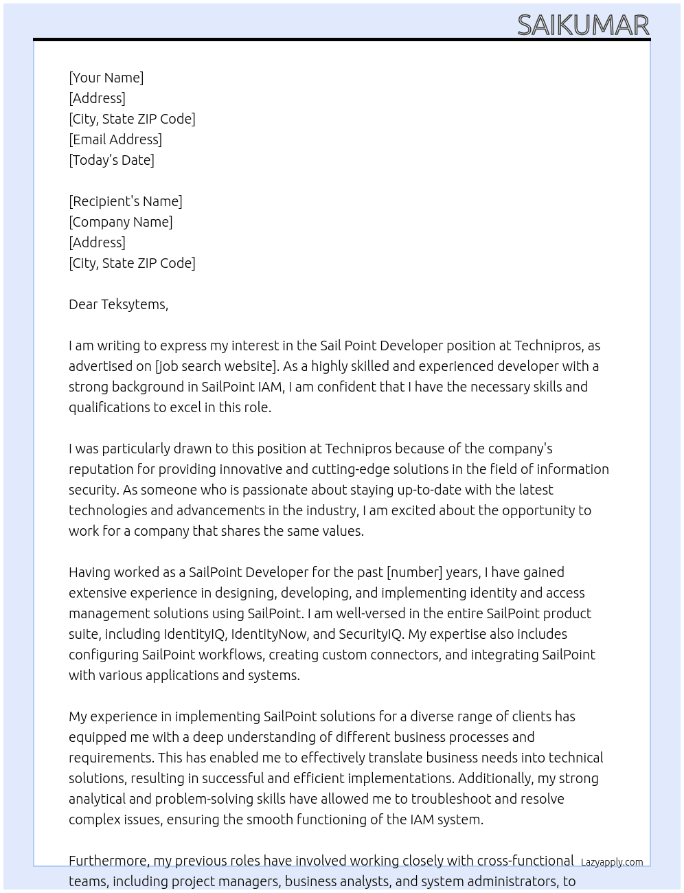 sail point Developer At Technipros Cover Letter