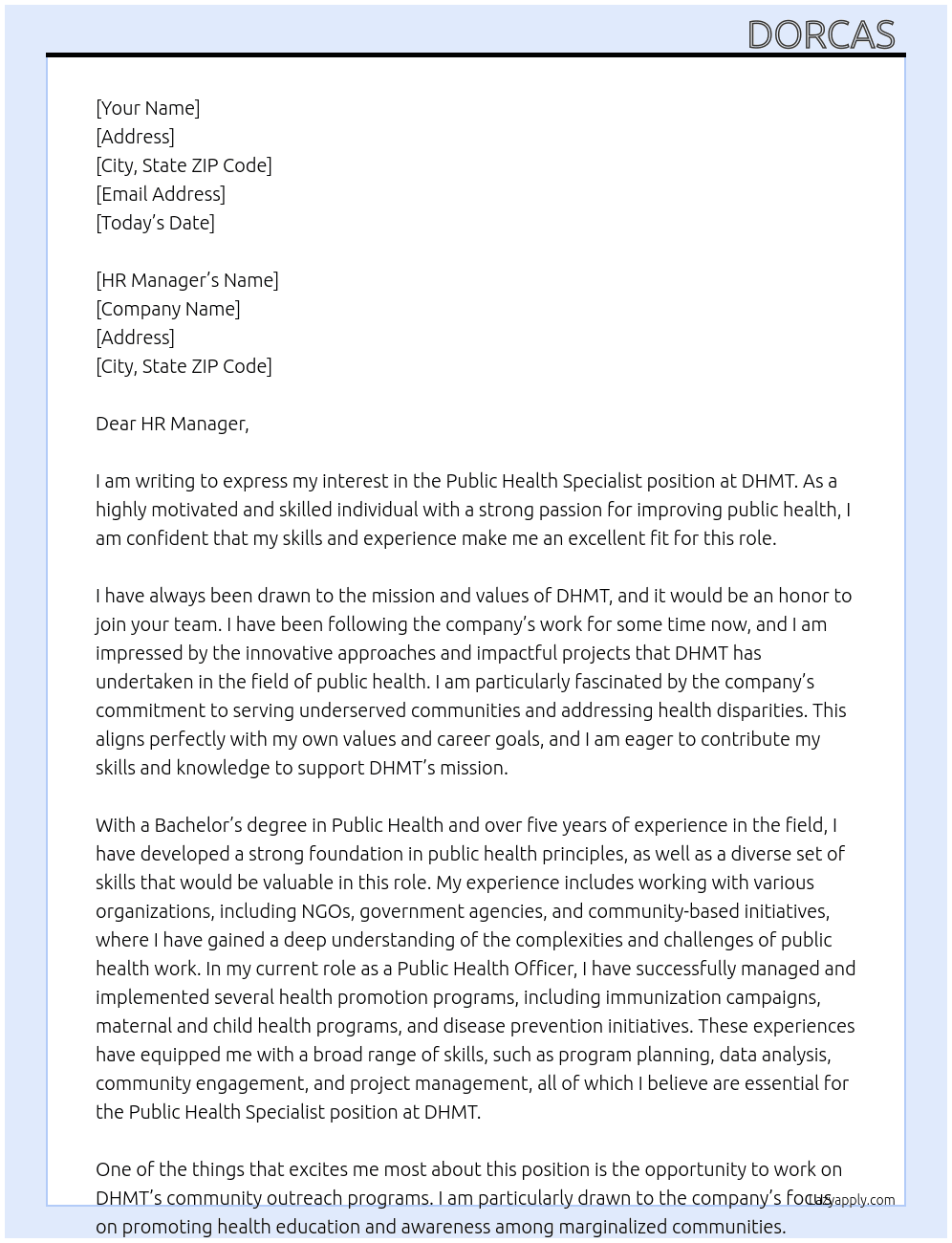 Public health specialist  At DHMT Cover Letter