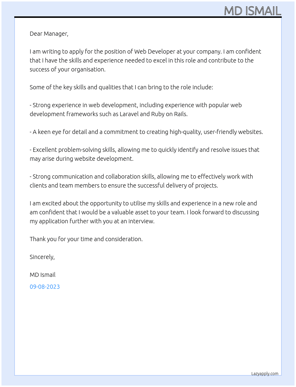 Web Development At Sir/ Madam  Cover Letter