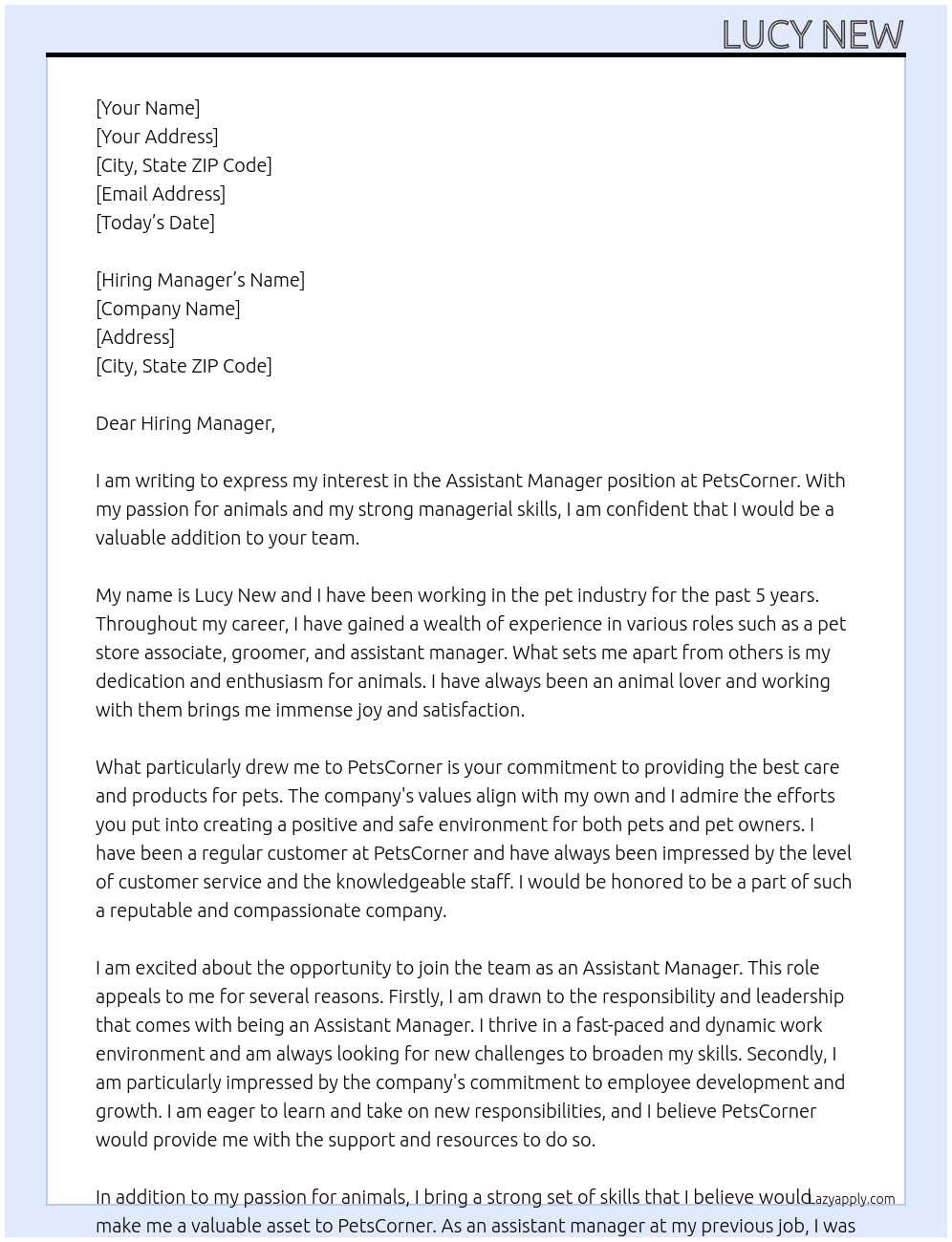 Assistant manager  At PetsCorner Cover Letter