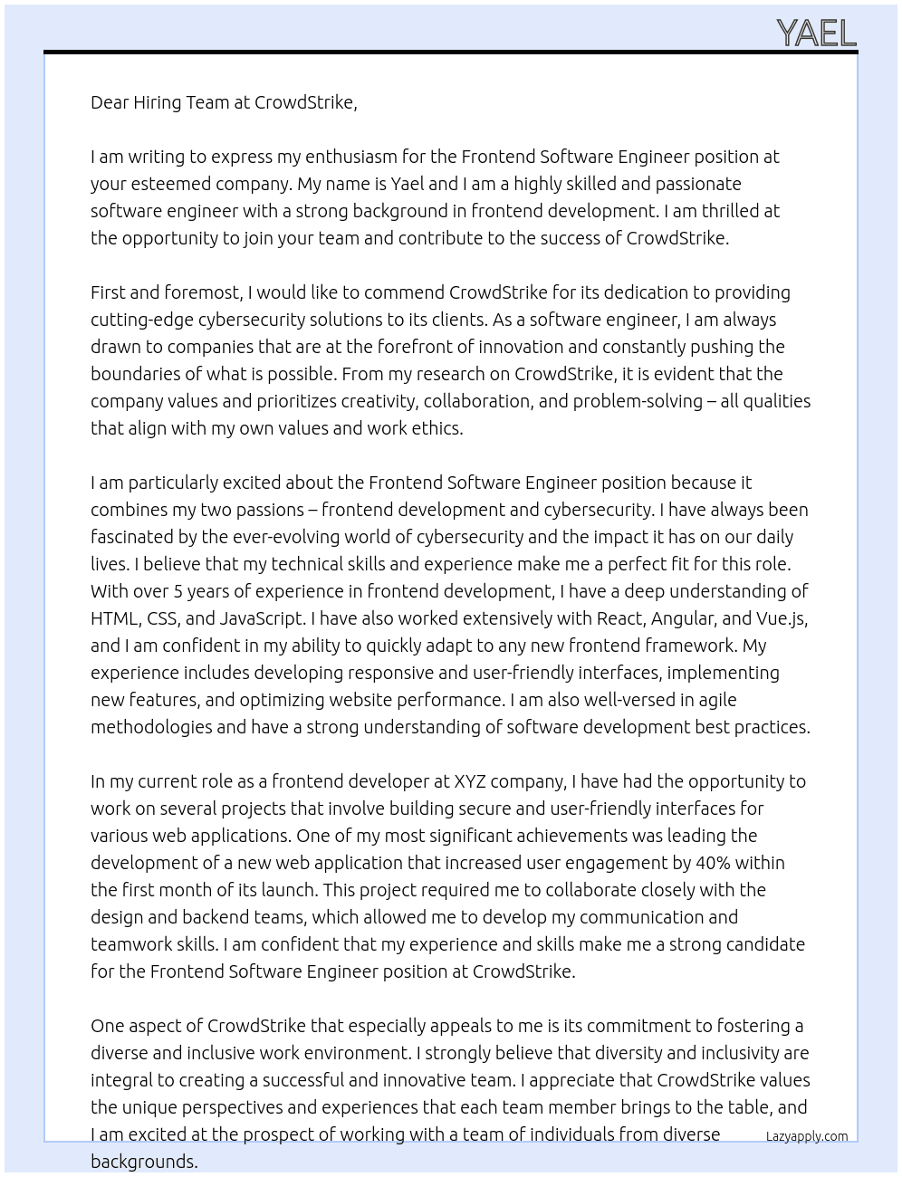 frontend software engineer At CrowdStrike Cover Letter