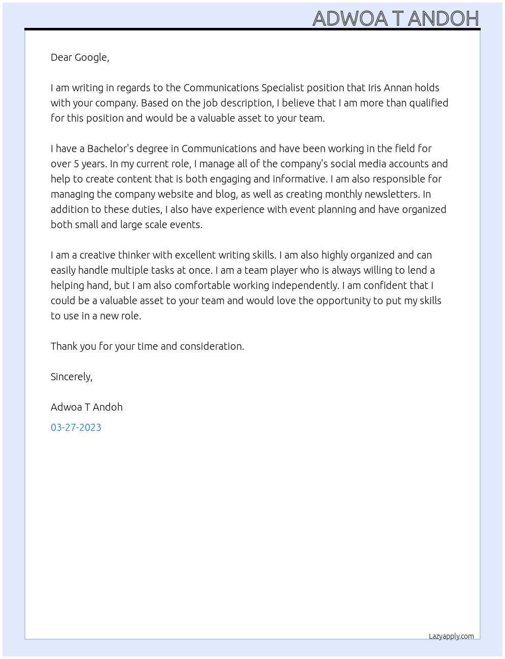 Communications Specialist At Google Cover Letter