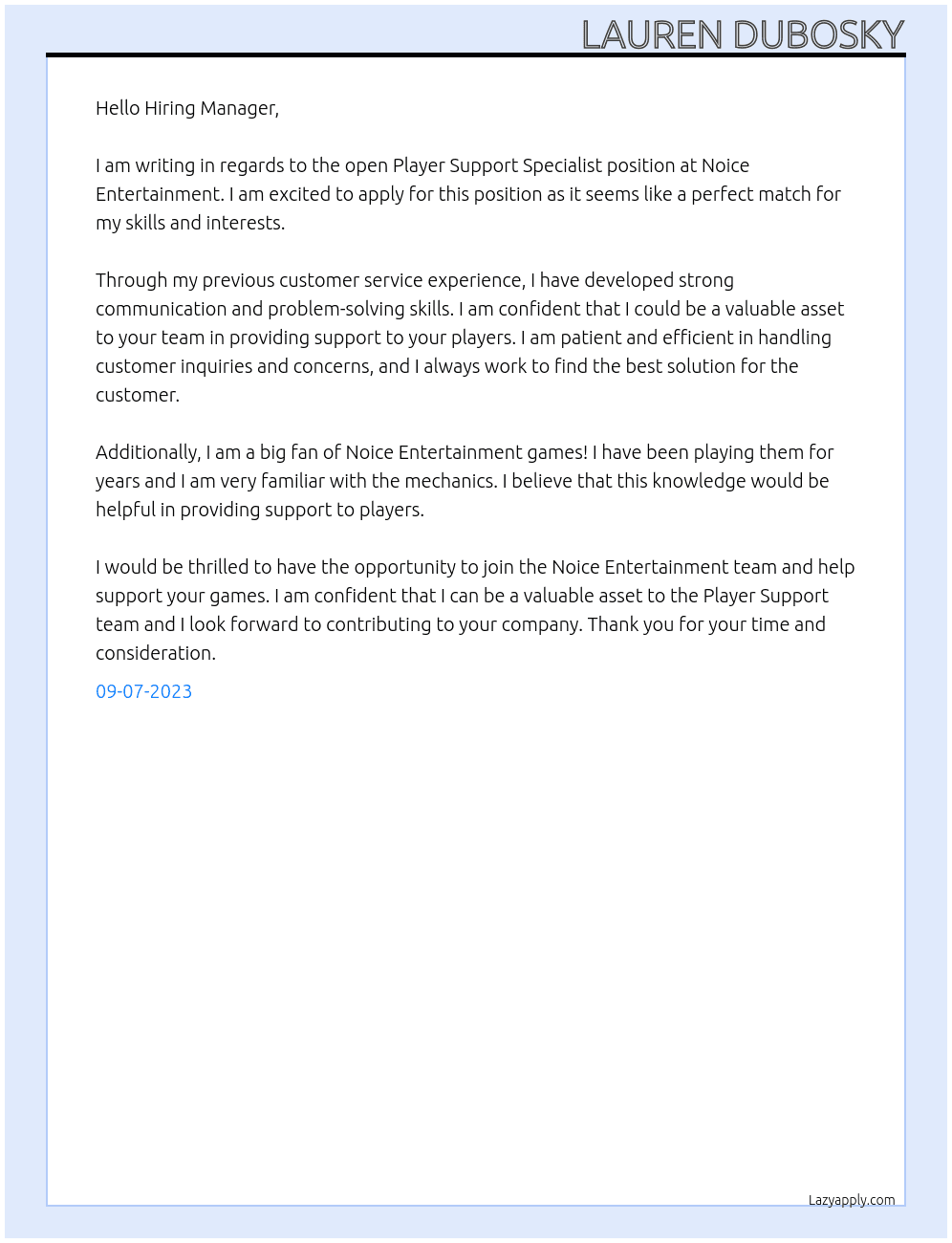 Player Support Specialist At Noice Entertainment Cover Letter
