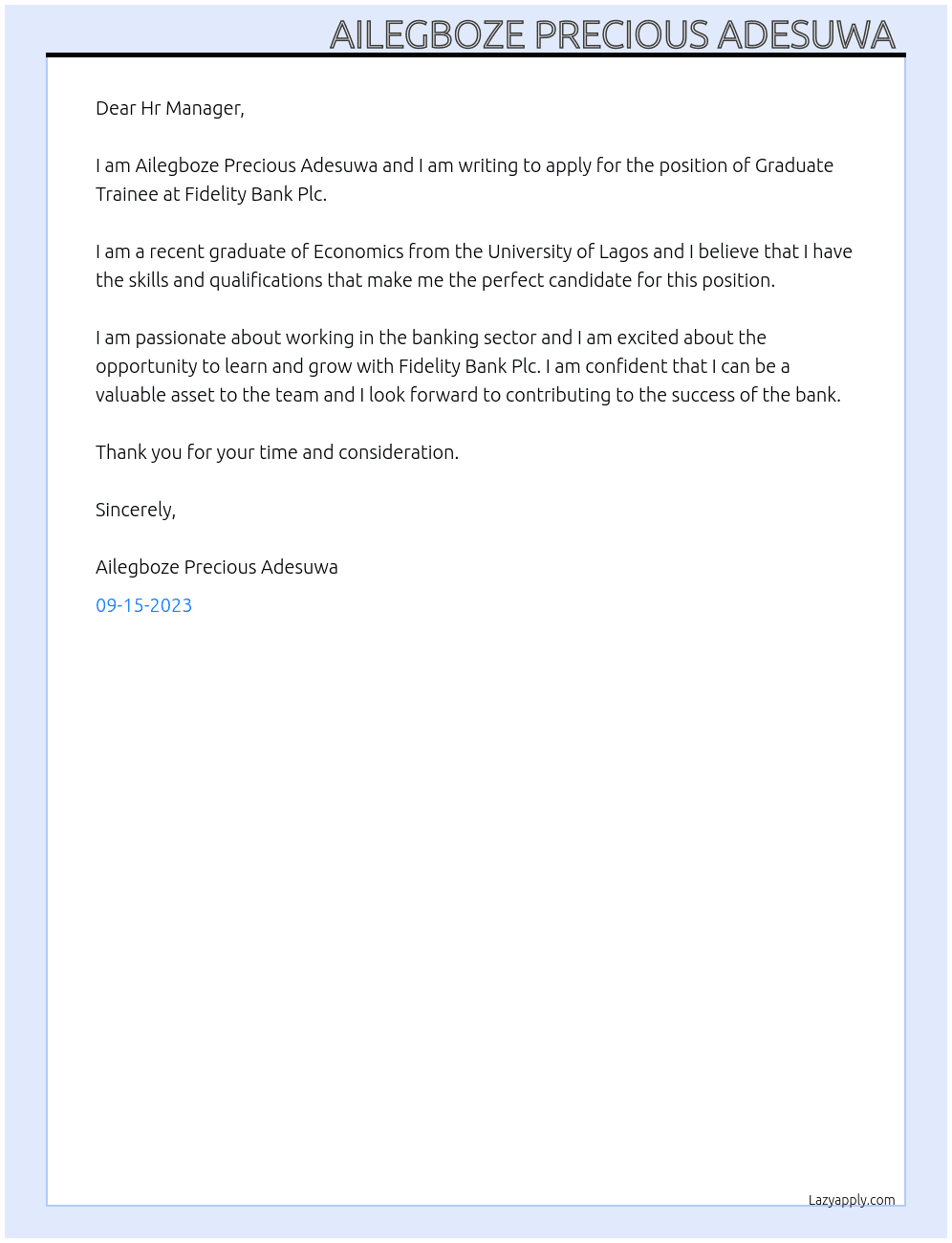 Graduate Traineee At Fidelity Bank Plc Cover Letter