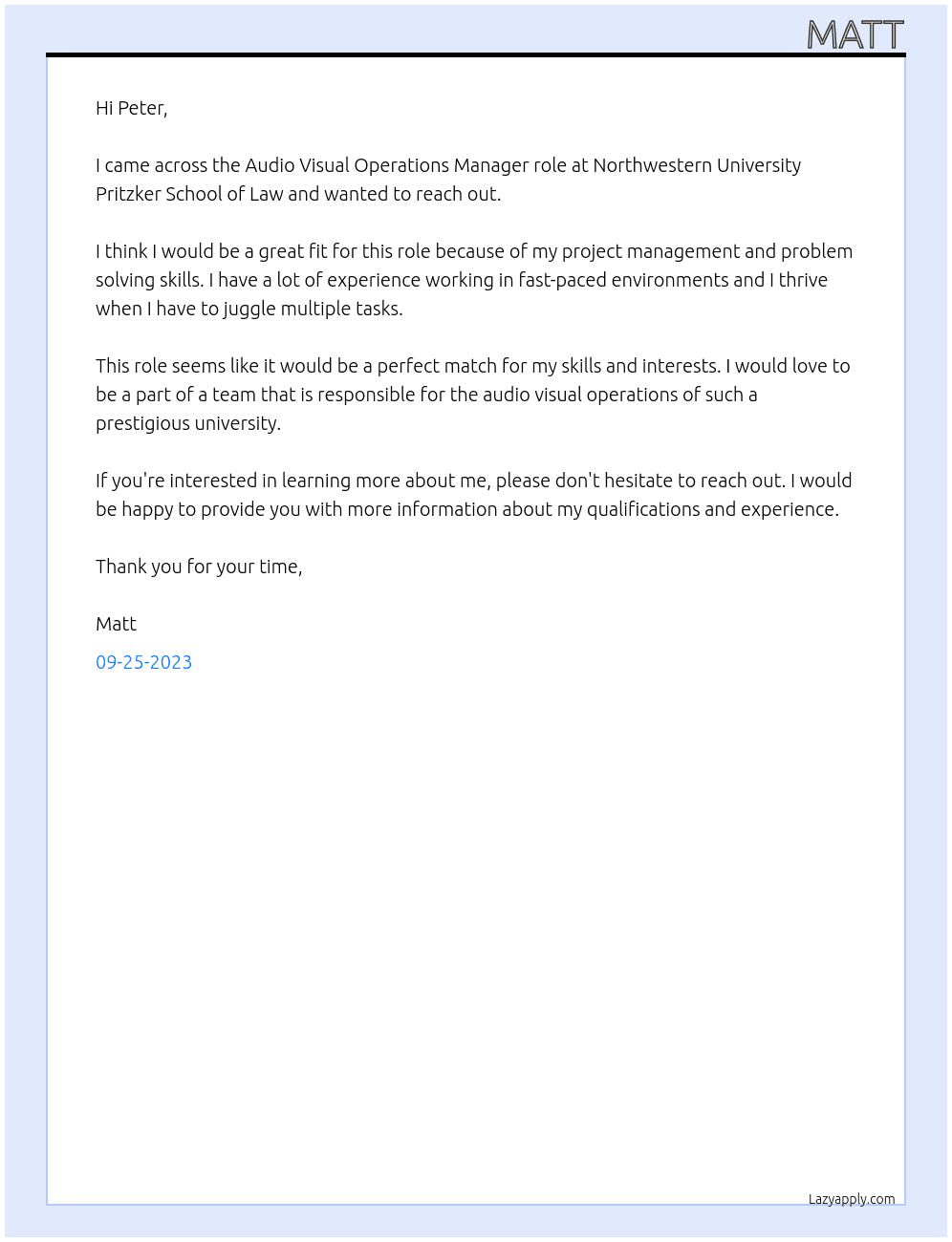 Audio Visual Operations Manager At Northwestern University Pritzker School of Law Cover Letter
