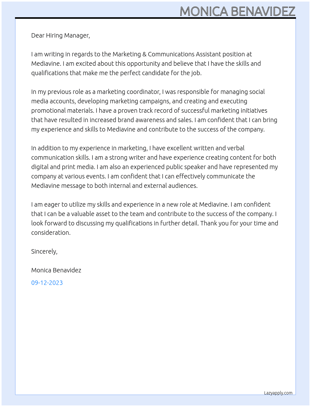 Marketing & Communications Assistant At Mediavine Cover Letter