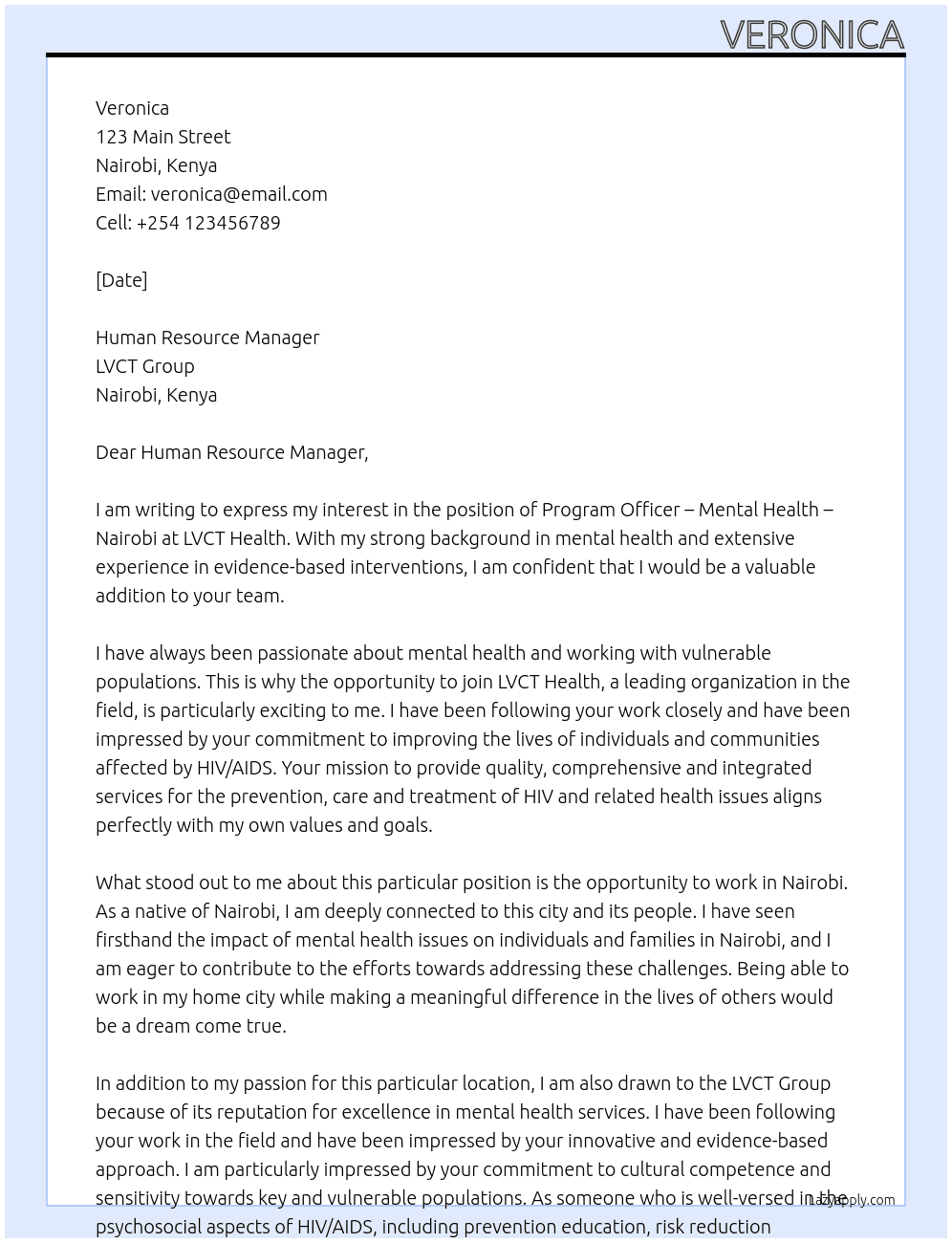 Program Officer – Mental Health – Nairobi at LVCT Health, Nairobi At LVCT Group Cover Letter