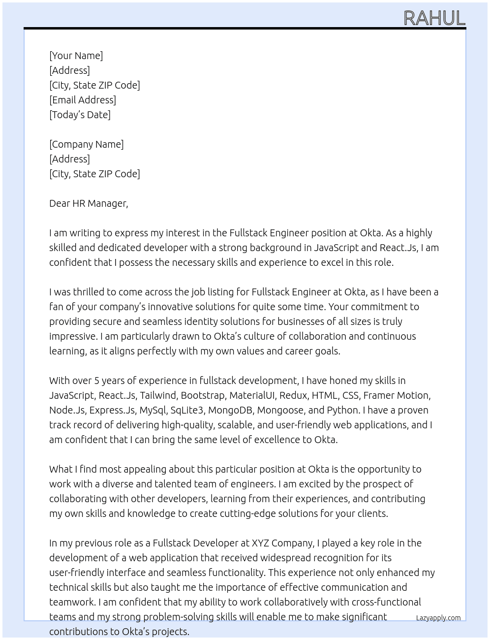 Fullstack Engineer At okta Cover Letter