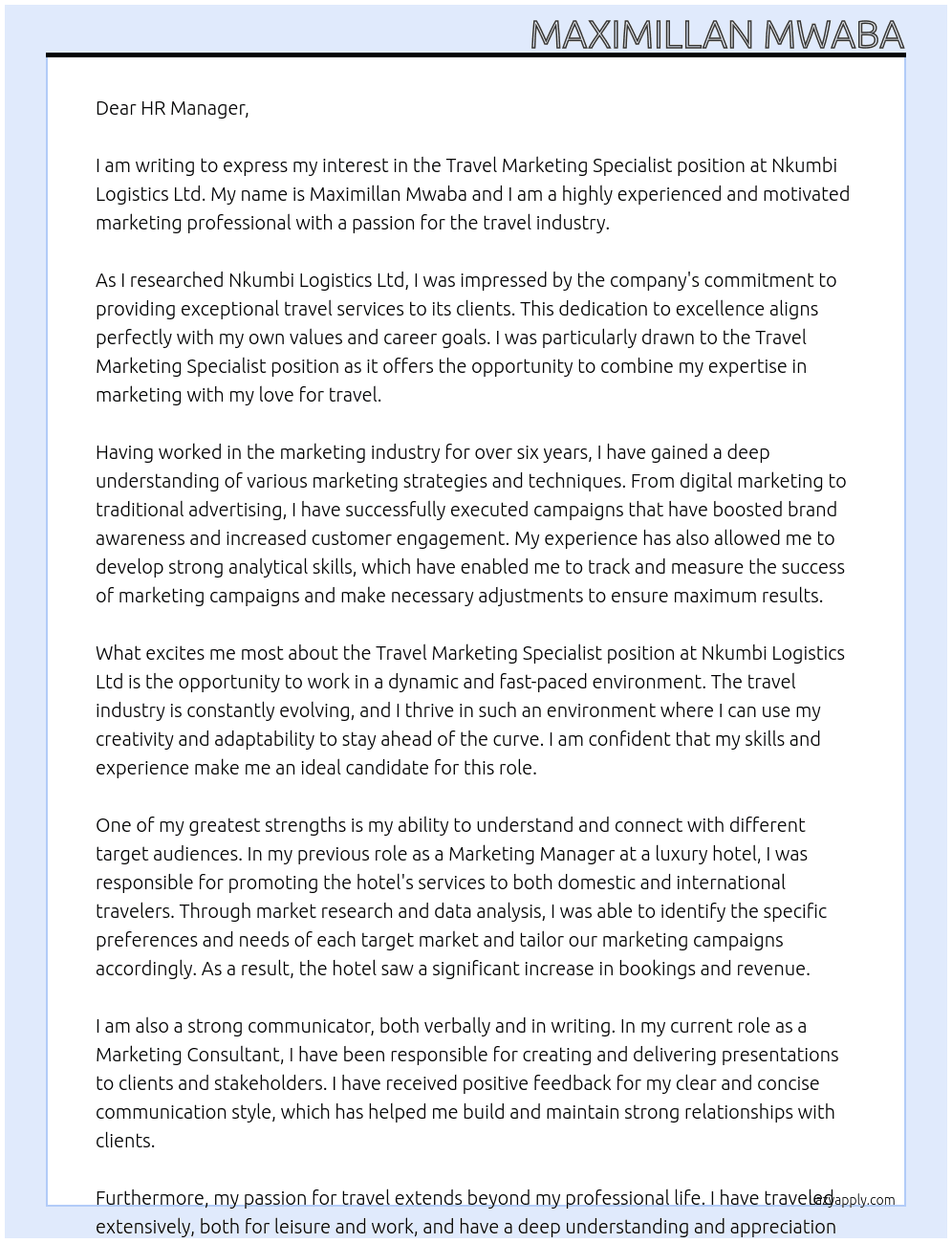 Travel Marketing Specialist At Nkumbi Logistics Ltd Cover Letter