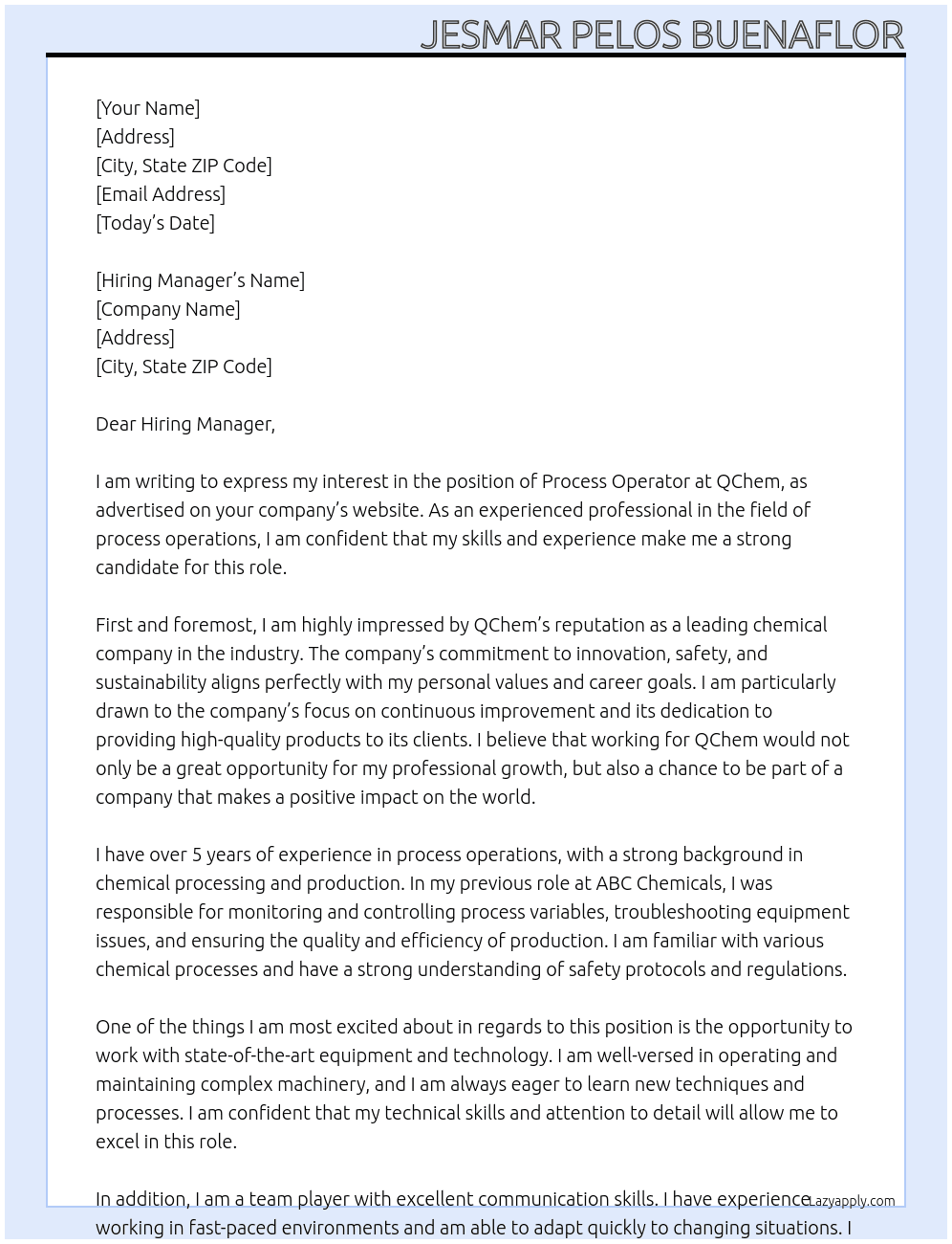 Process Operator At QChem Cover Letter