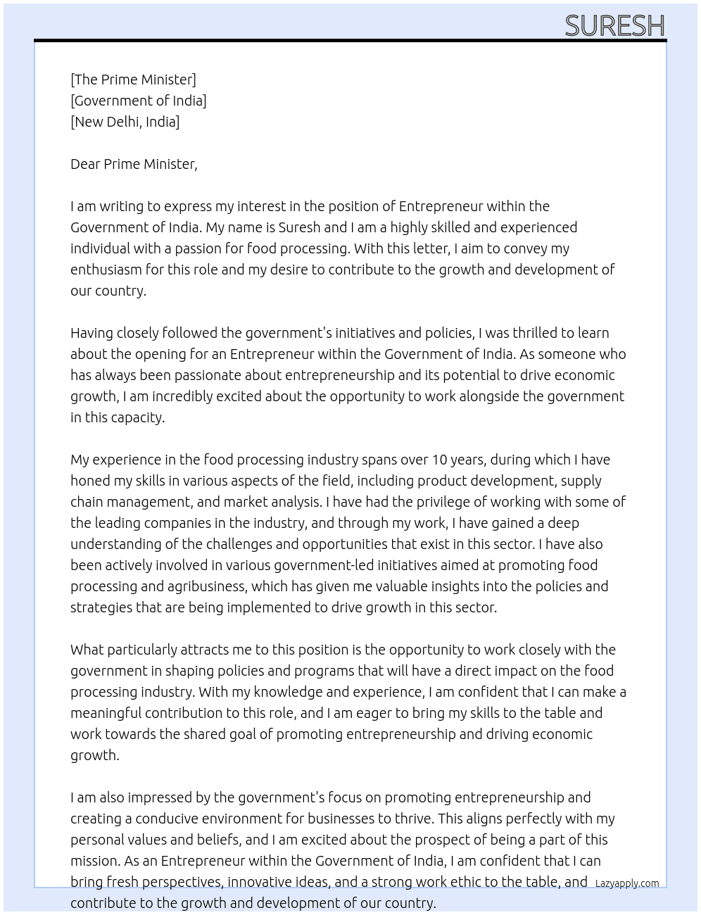 Entrepreneur At Goverment of India Cover Letter
