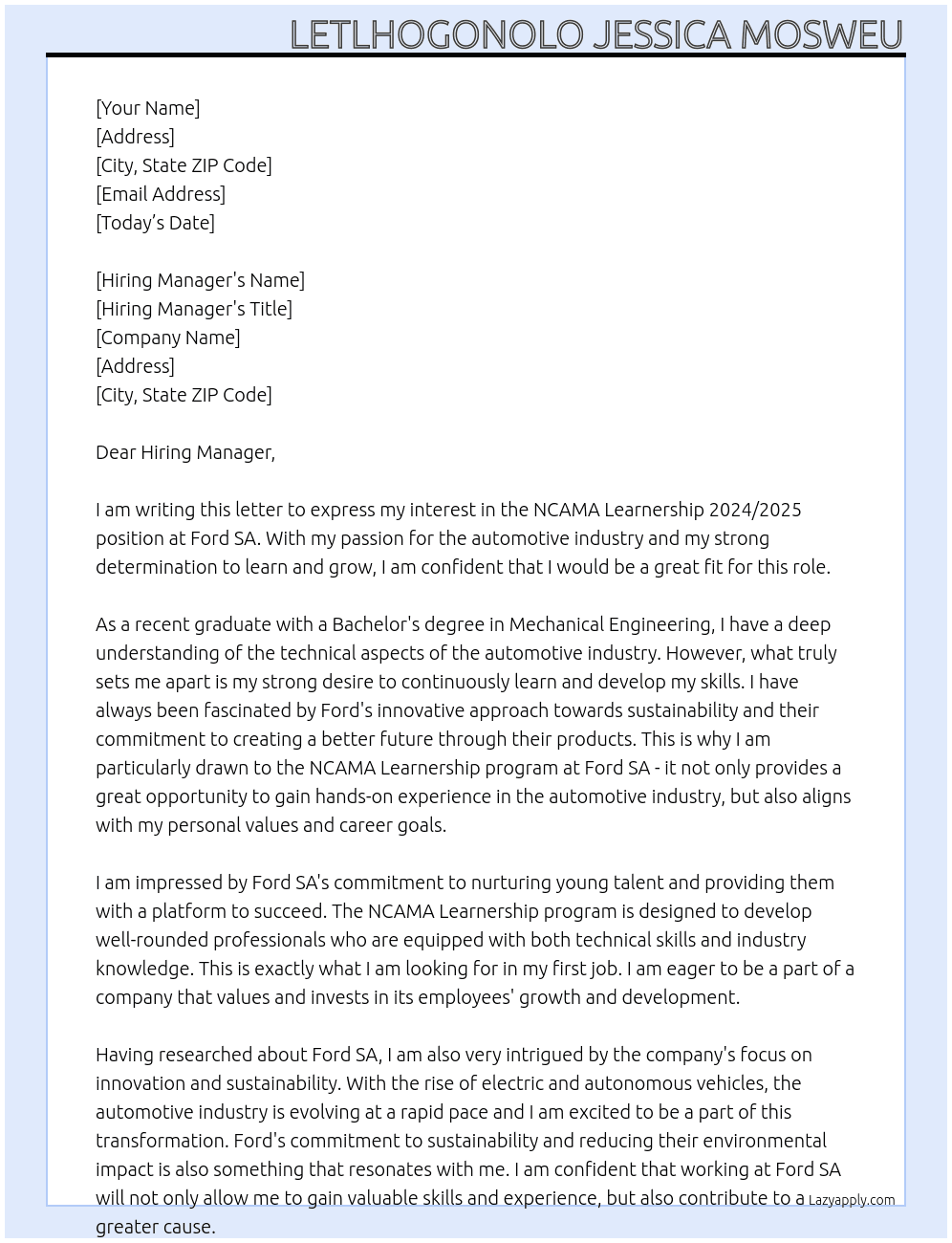NCAMA Learnership 2024/2025 At Ford SA  Cover Letter