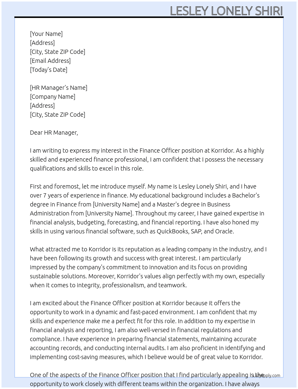 finance officer At korridor Cover Letter