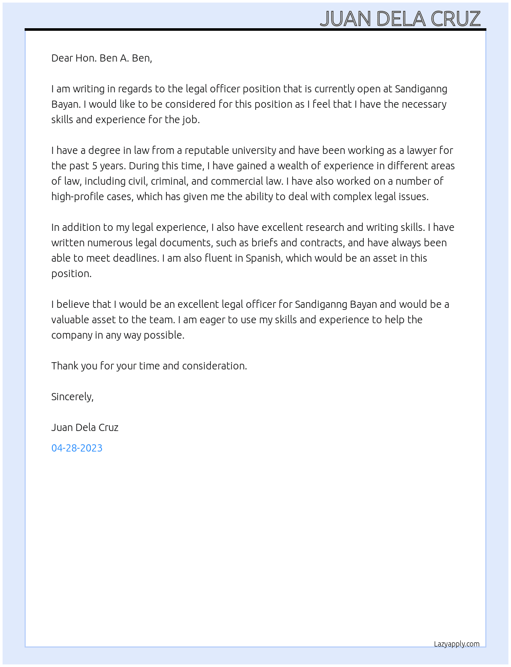 legal officer  At Sandiganng Bayan Cover Letter