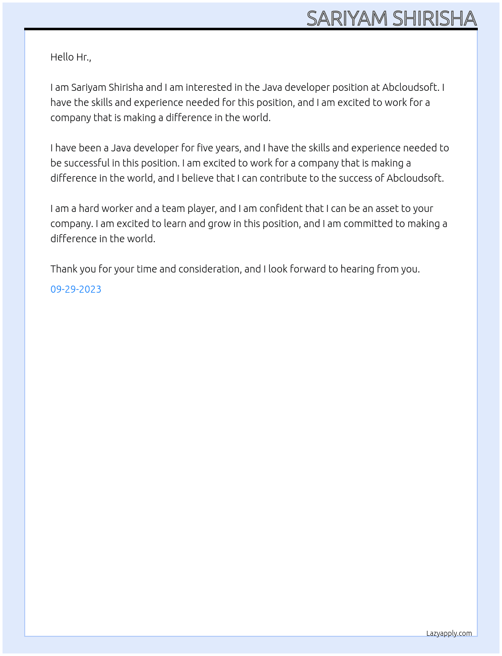 Java developer  At Abcloudsoft  Cover Letter