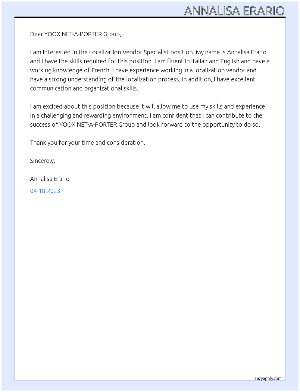 Localization Vendor Specialist At YOOX NET-A-PORTER Group Cover Letter