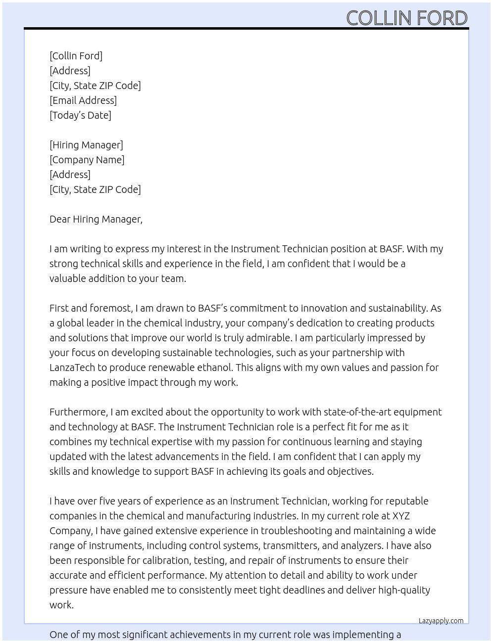Instrument Technician At BASF Cover Letter
