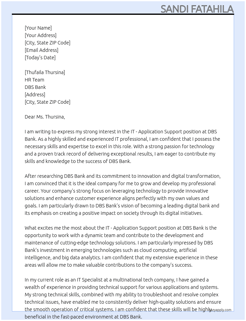 IT - Application Support At DBS Bank Cover Letter