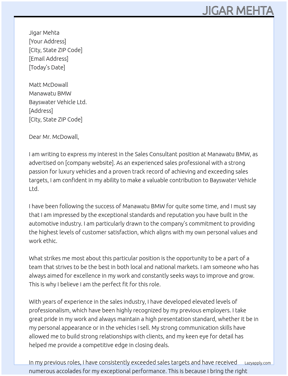 SALES CONSULTANT - Manawatu BMW At Bayswater Vehicle Ltd. Cover Letter