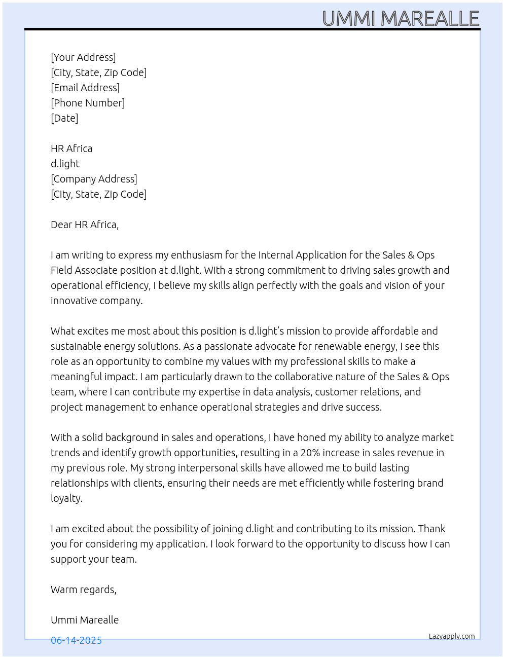 Internal Application –Sales &Ops Field Associate, Group  At d.light Cover Letter