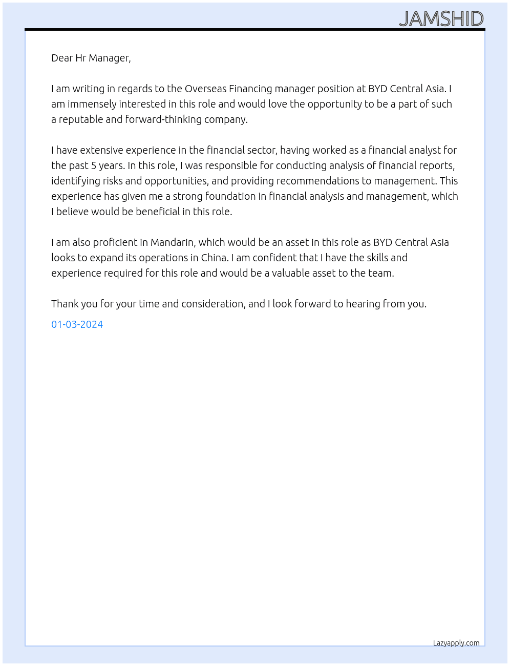 Overseas Financing manager At BYD Central Asia Cover Letter