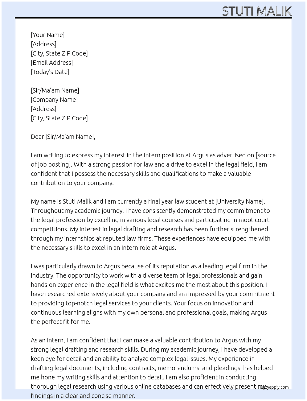 Intern At Argus  Cover Letter