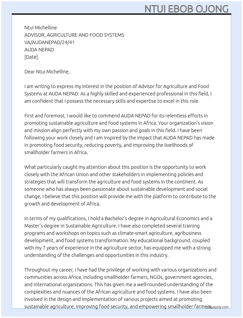 ADVISOR, AGRICULTURE AND FOOD SYSTEMS VA/AUDANEPAD/24/41 At AUDA NEPAD Cover Letter
