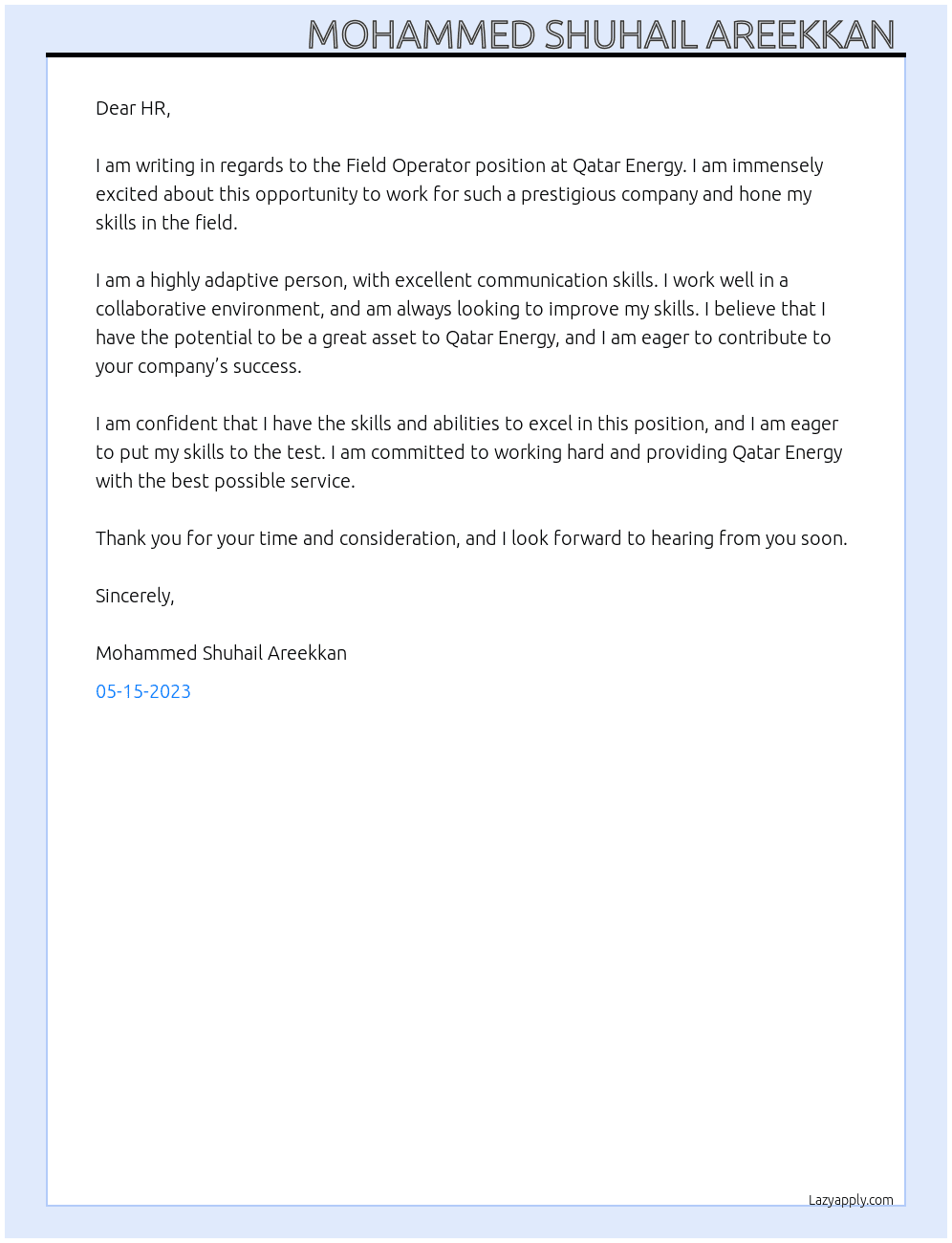 Field operator  At Qatar enargy  Cover Letter