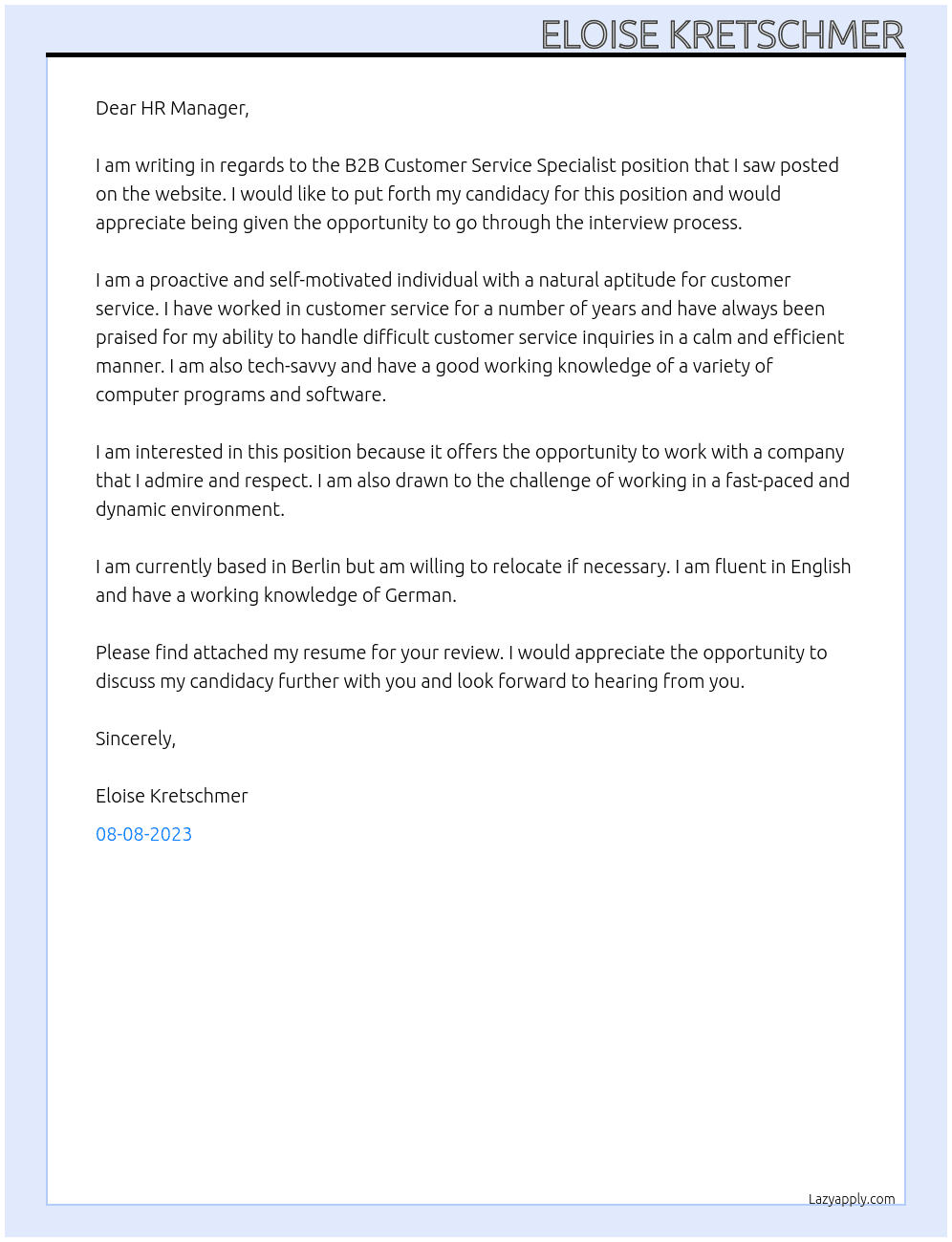 B2B Customer Service Specialist At Billie Cover Letter