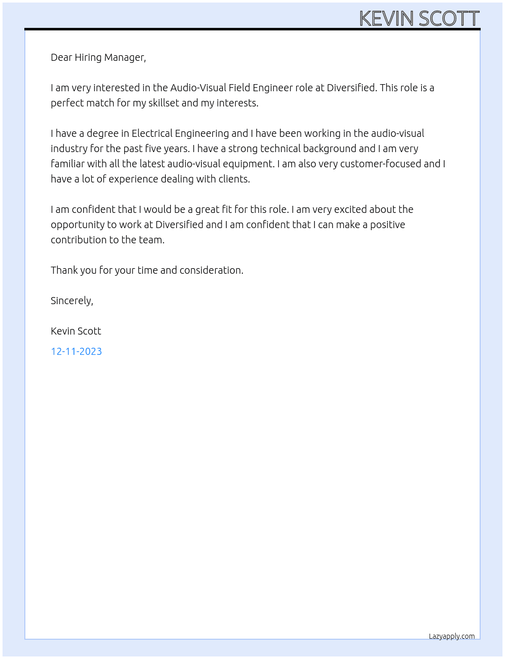 Audio-Visual Field Engineer At Diversified Cover Letter