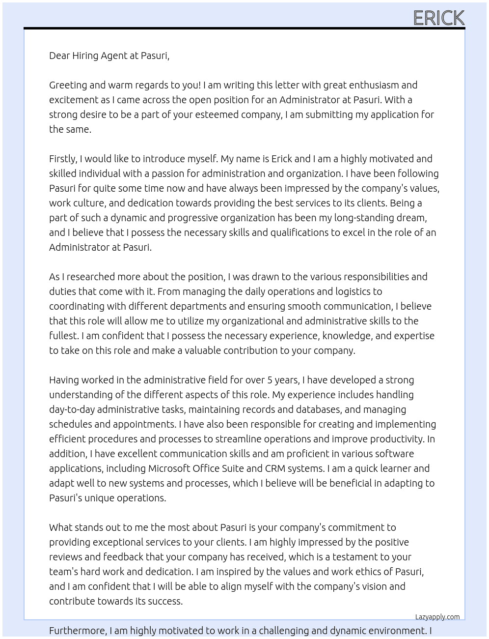 administrator At Pasuri  Cover Letter