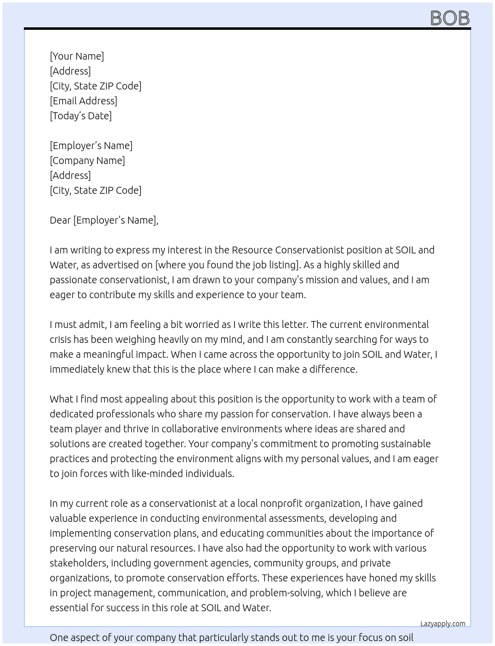 Resource conservationists At SOIL and Water Cover Letter