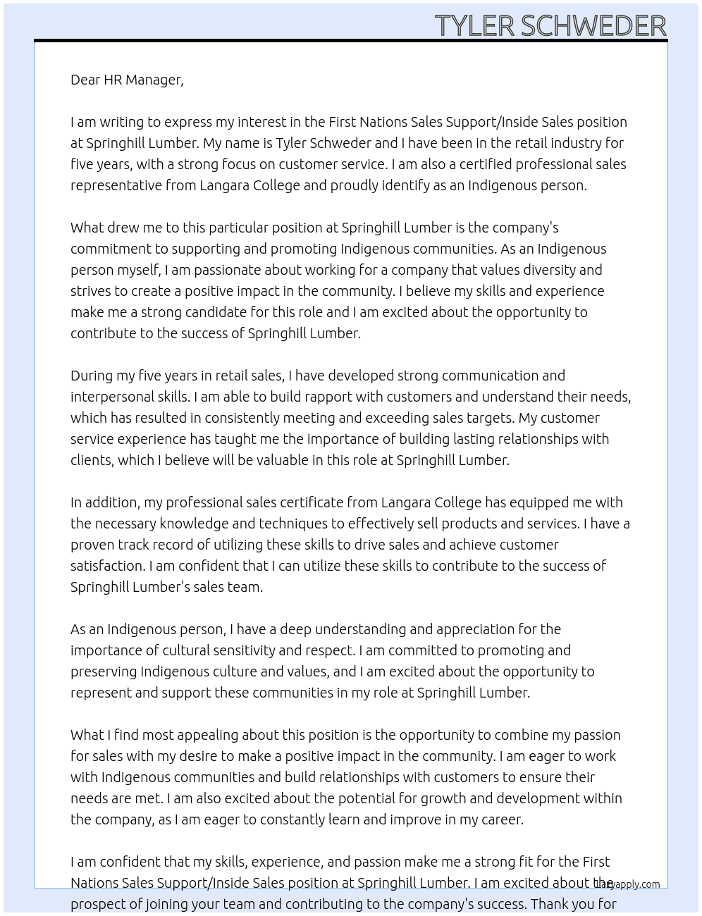 First Nations Sales Support/Inside Sales At Springhill Lumber Cover Letter