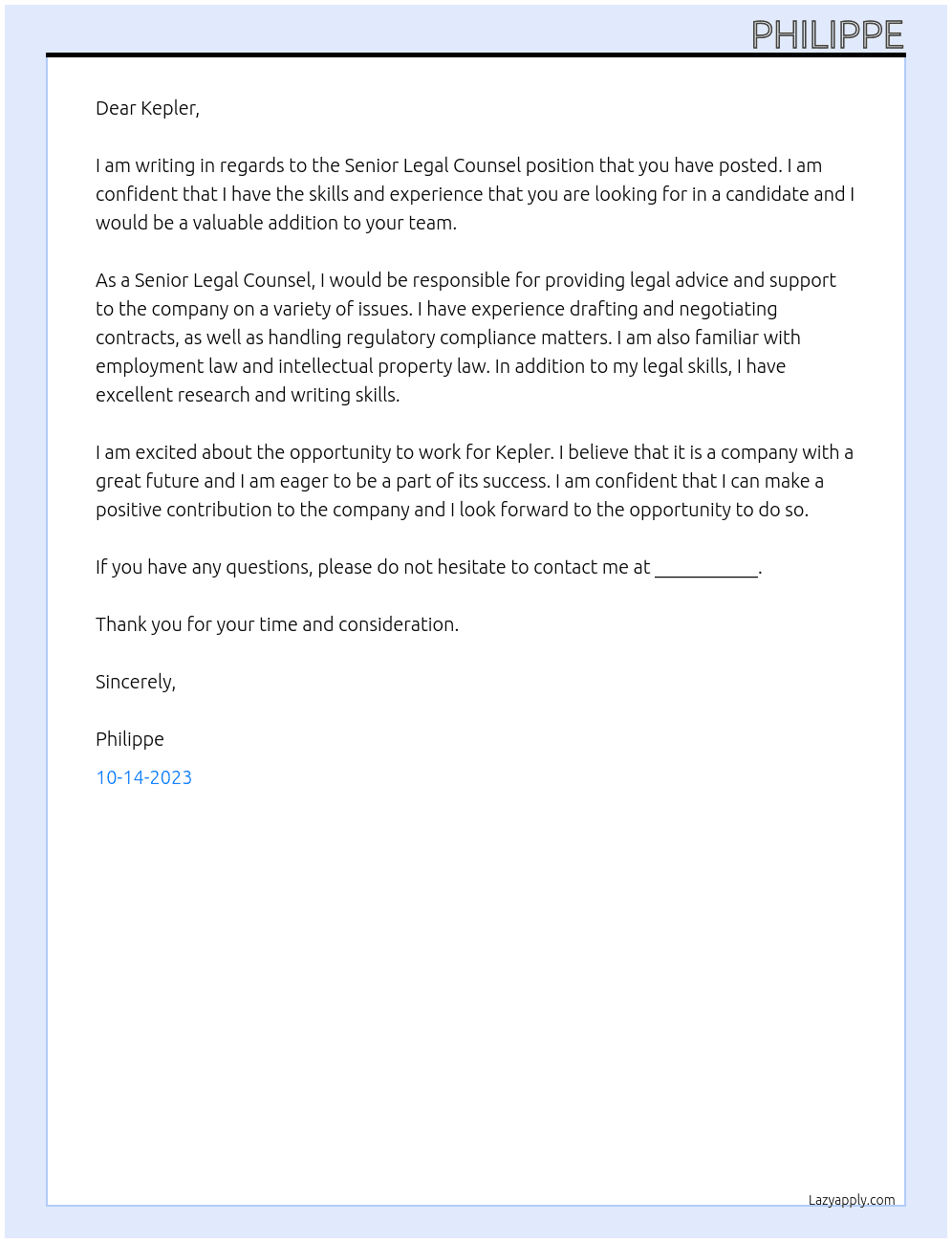 Senior Legal Counsel At Kepler Cover Letter