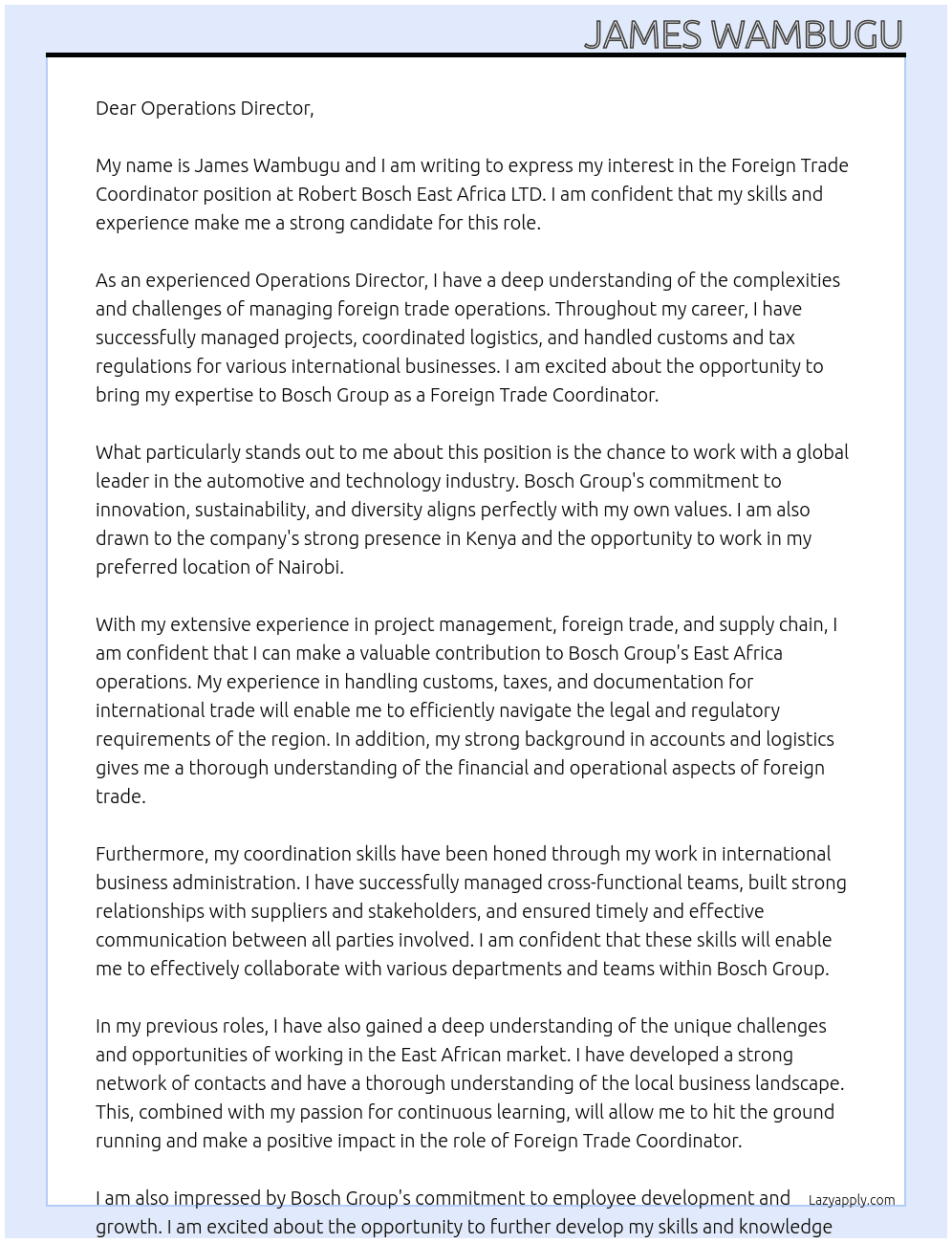  Foreign Trade Coordinator Kenya Bosch Group At Robert Bosch East Africa LTD Cover Letter