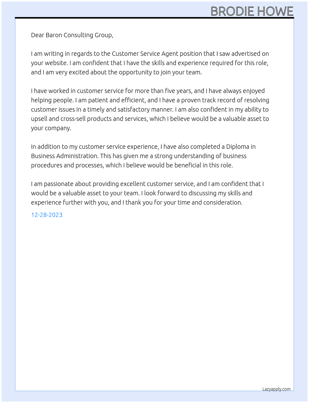 customer service agent At Baron Consulting Group  Cover Letter