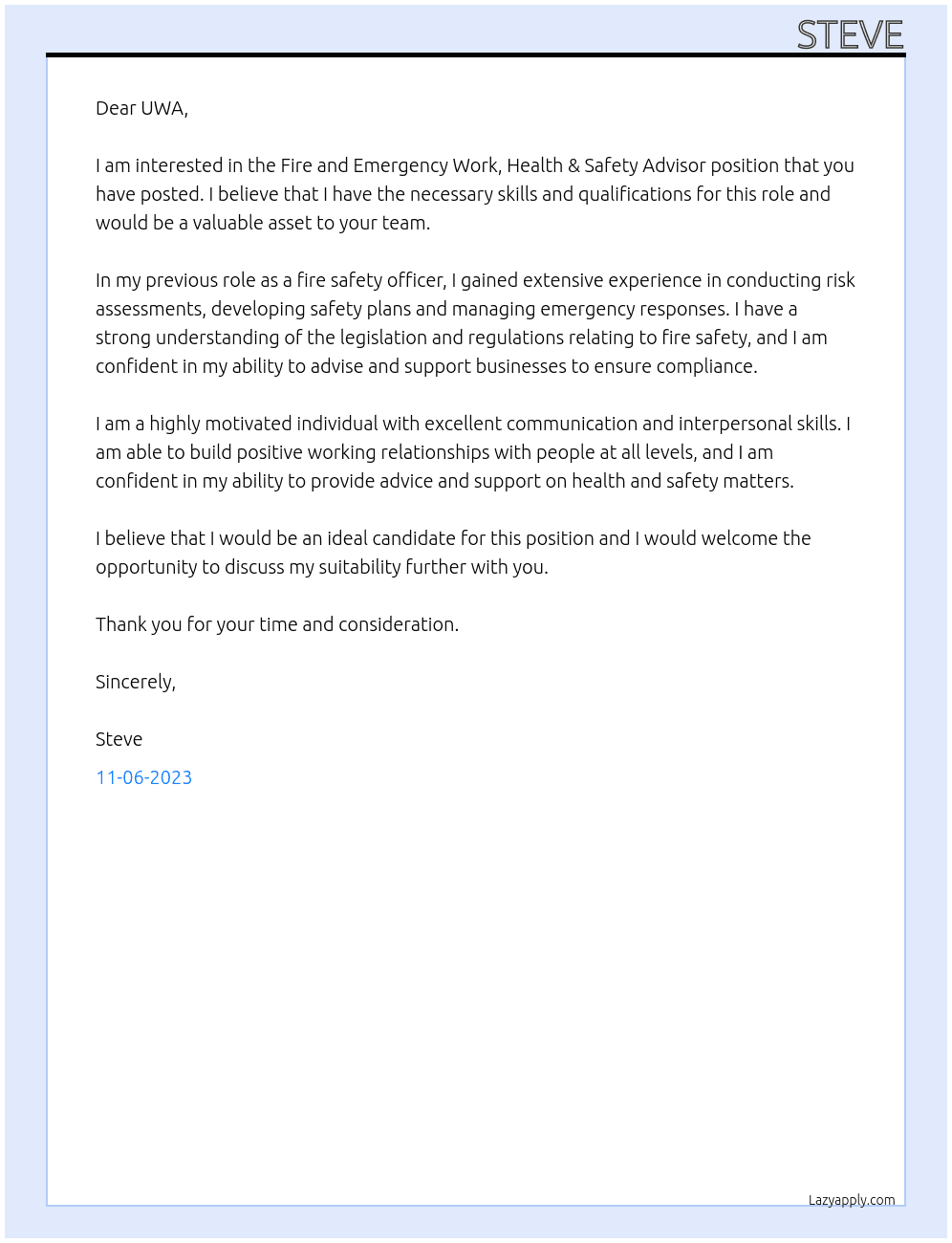Fire and Emergency Work, Health & Safety Advisor At UWA Cover Letter