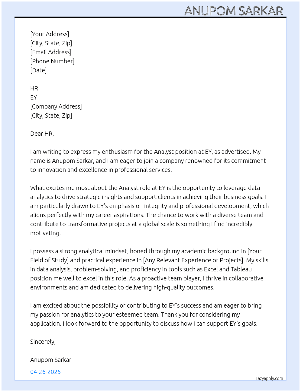 Analyst  At EY Cover Letter