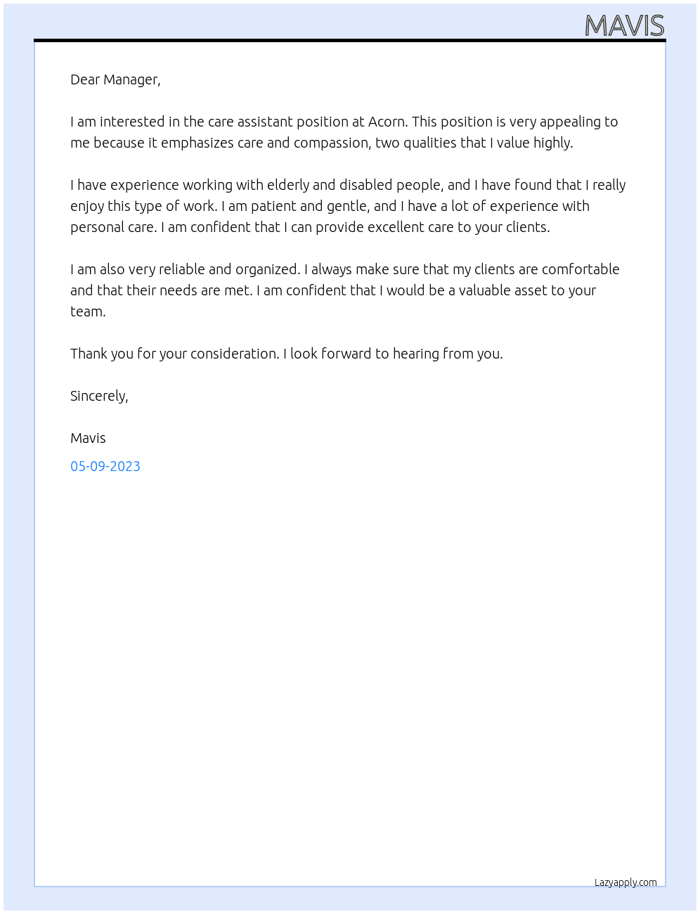 care assistant At acorn Cover Letter