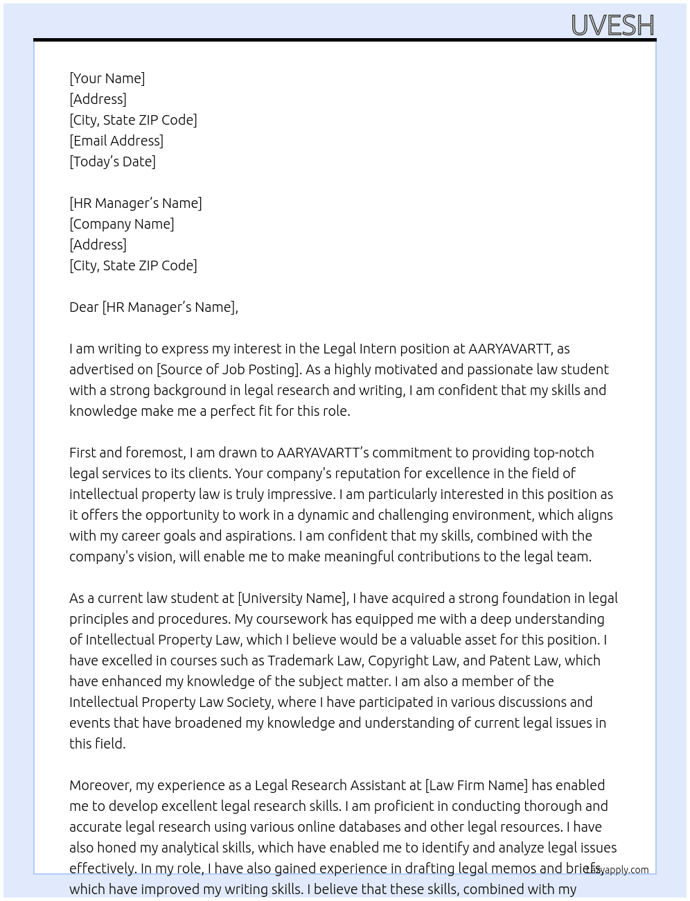 Legal intern At AARYAVARTT Cover Letter