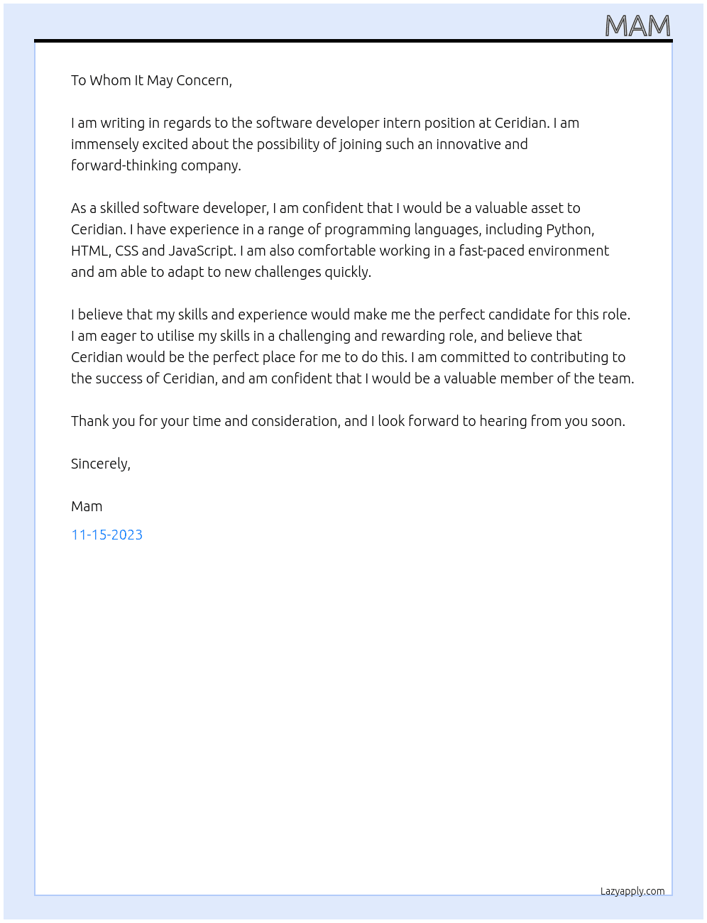 software developer intern At ceridian Cover Letter