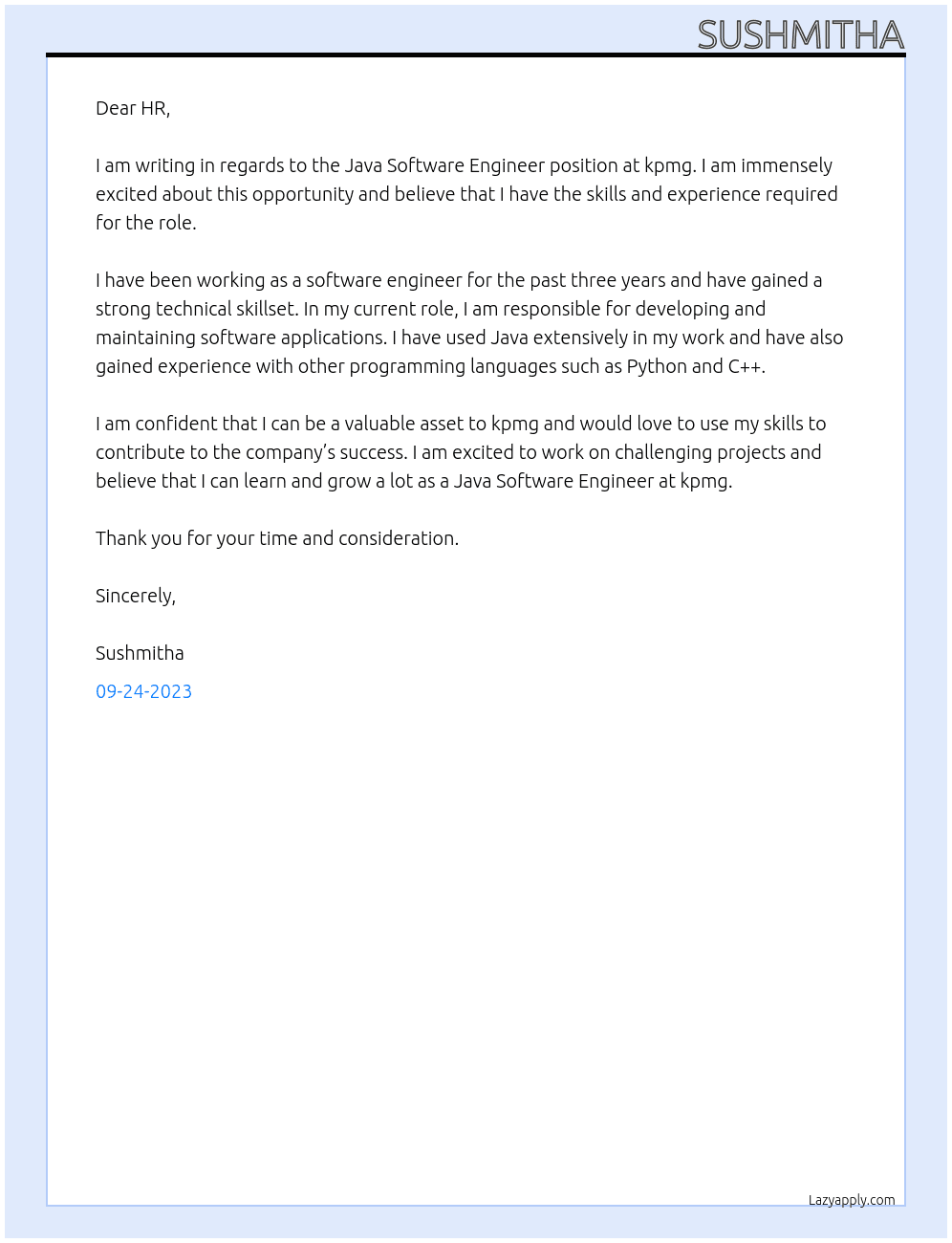Java Software Engineer At kpmg  Cover Letter