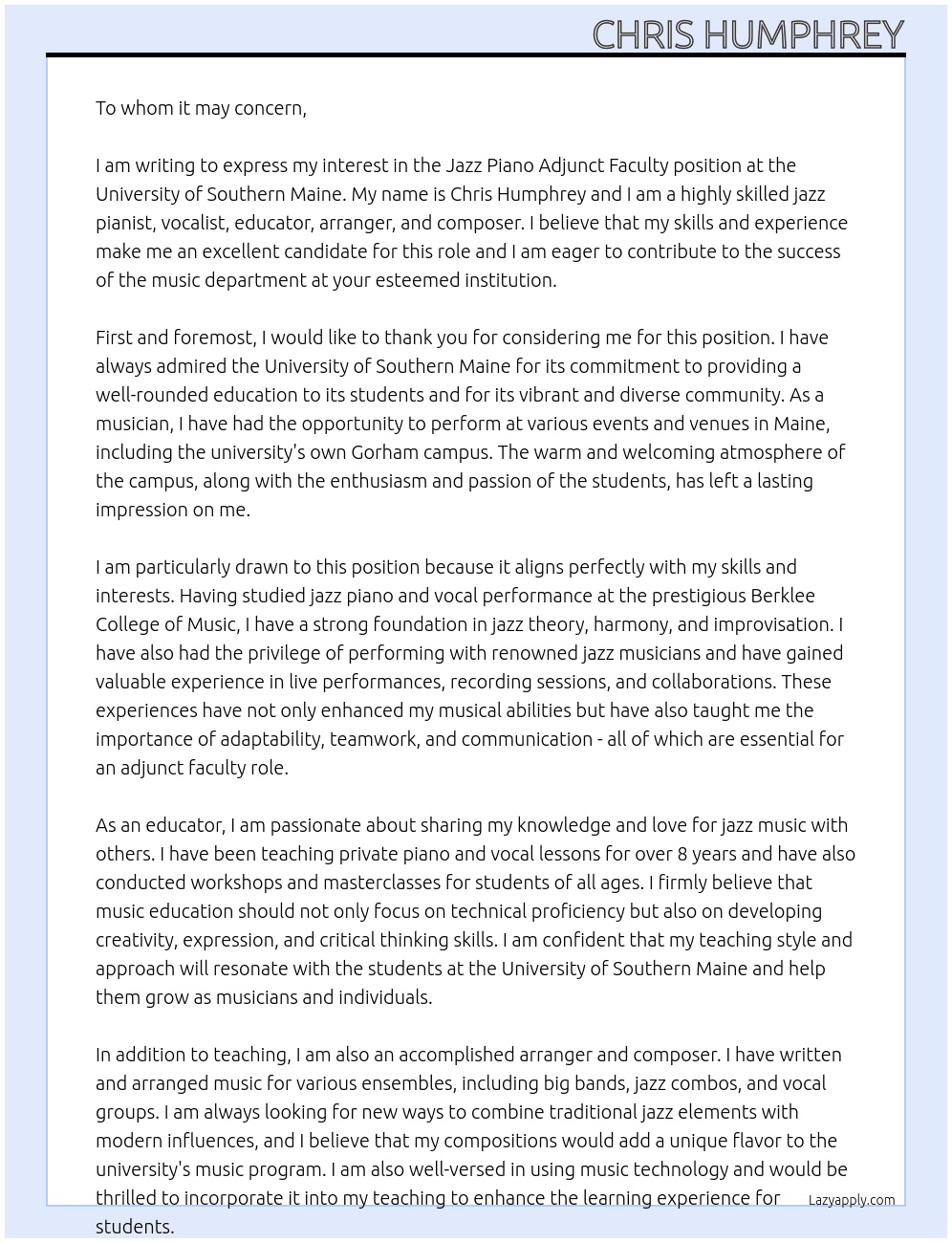 Jazz Piano Adjunct Faculty At University of Southern Maine Cover Letter