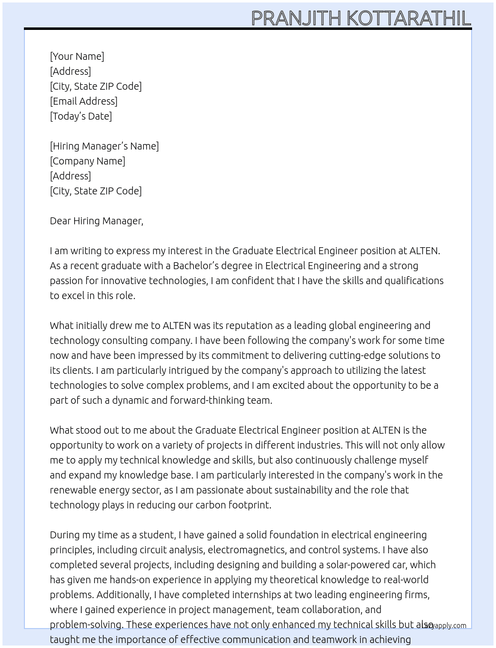 Graduate Electrical Engineer At ALTEN Cover Letter