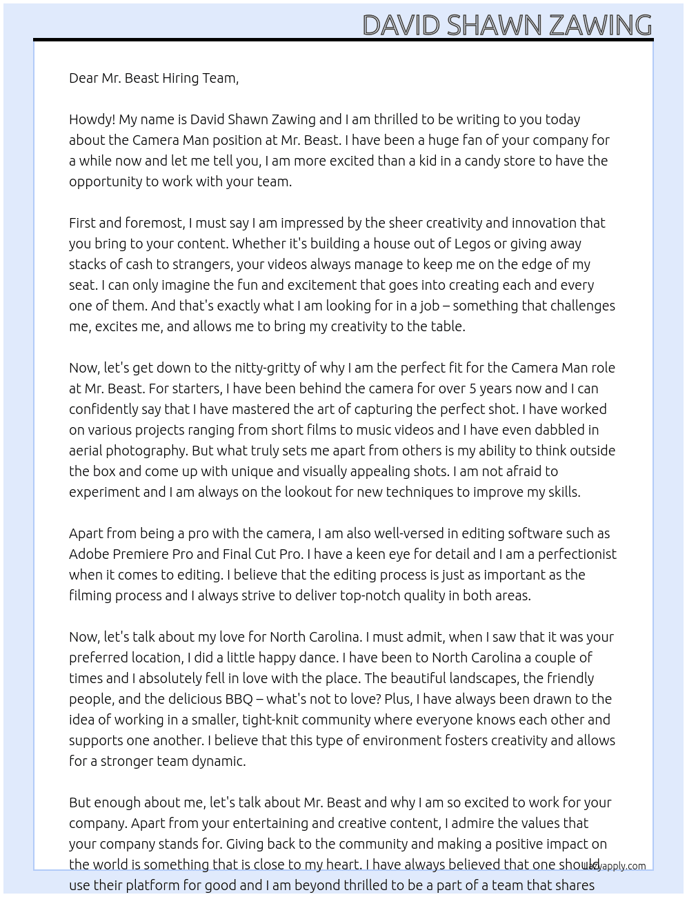 Camera man At Mr.Beast  Cover Letter