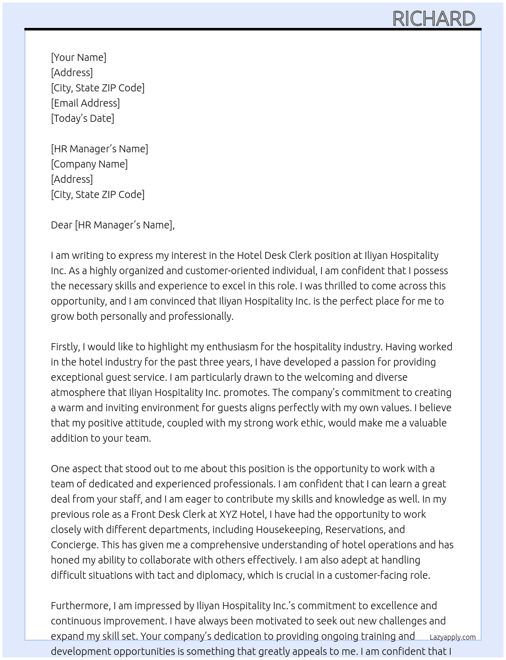 hotel desk clerk  At Iliyan Hospitality Inc. Cover Letter