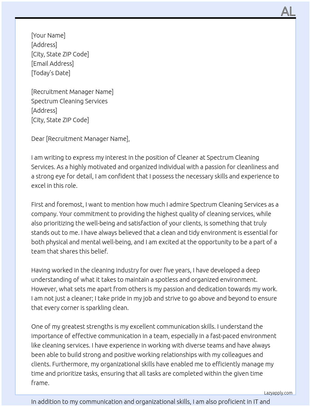 Cleaner At Spectrum Cleaning Services Cover Letter