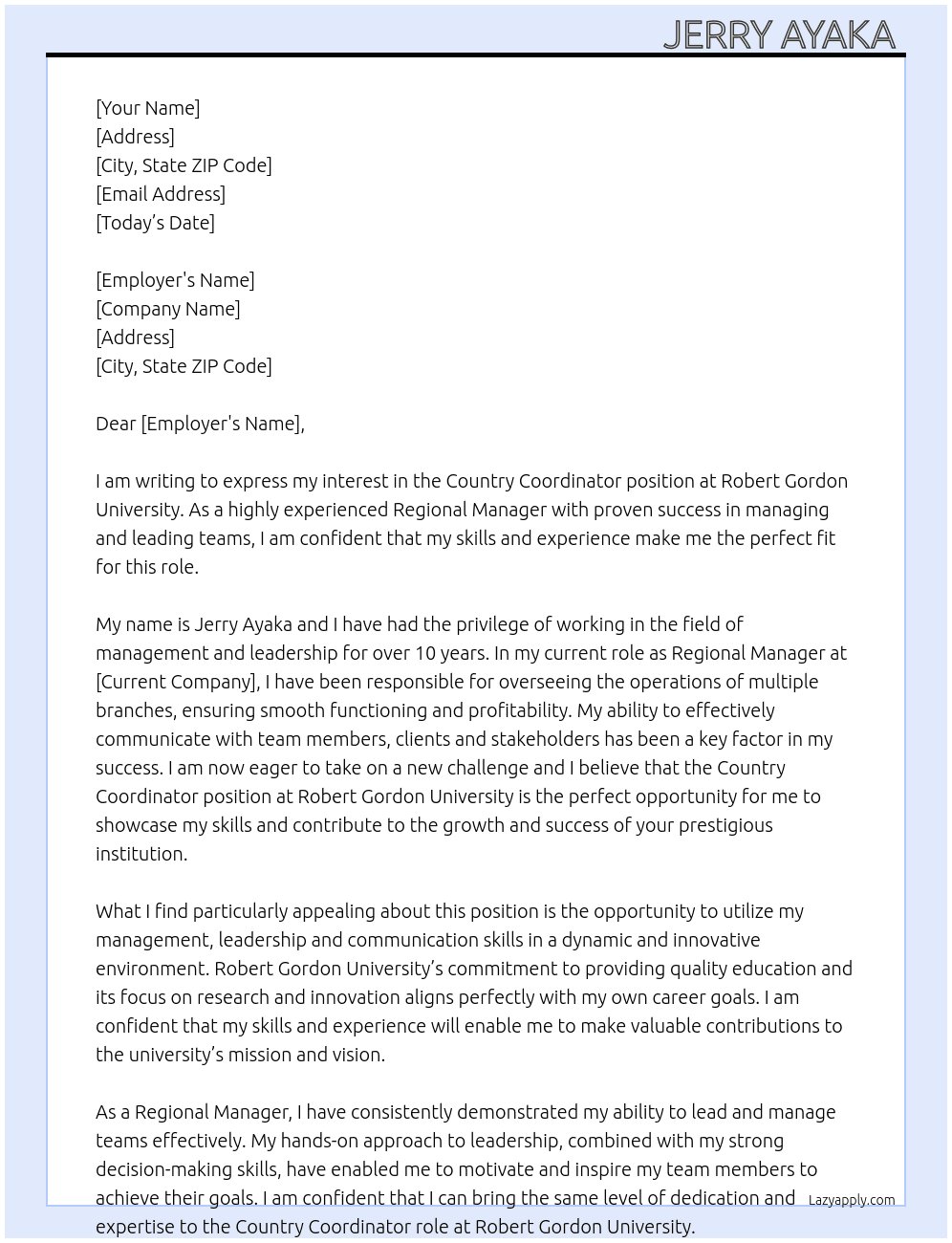 Country coordinator At Robert Gordon University  Cover Letter