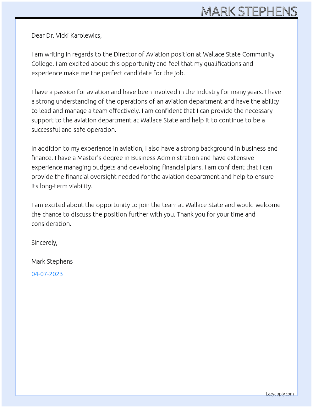 Director fo Aviation At Wallace State Community College Cover Letter